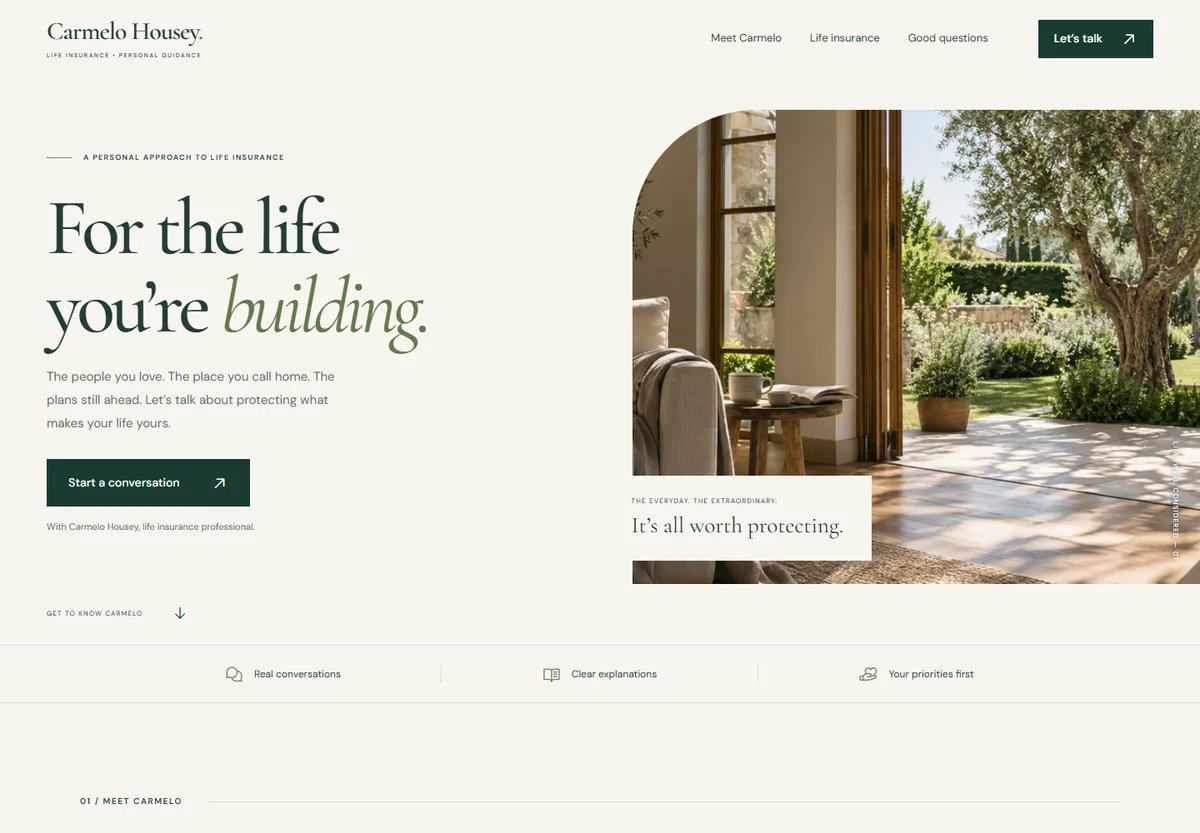 Carmelo Housey's real website, with an ivory and forest-green identity, the headline For the life you're building, and a sunlit home photograph